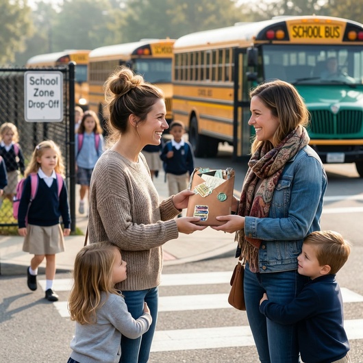 Women at bus stop exchanging a Book in Disguise